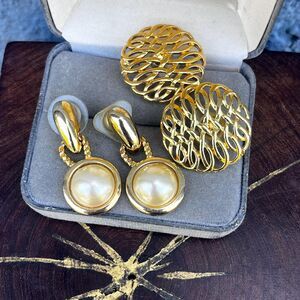 Gold Earring Set Dangle Faux Pearls and 90s Large Studs
